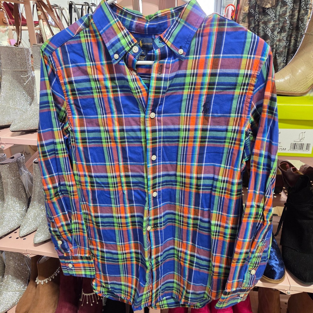 Ralph Lauren Boys Blue Green Orange Plaid Button Down Shirt L 14-16 Cotton